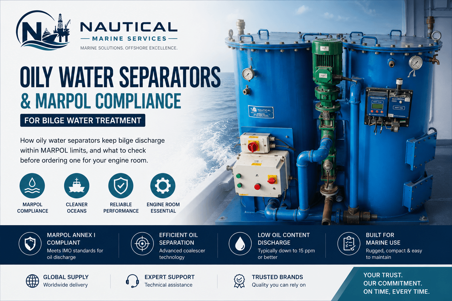 Oily water separator MARPOL compliant bilge treatment