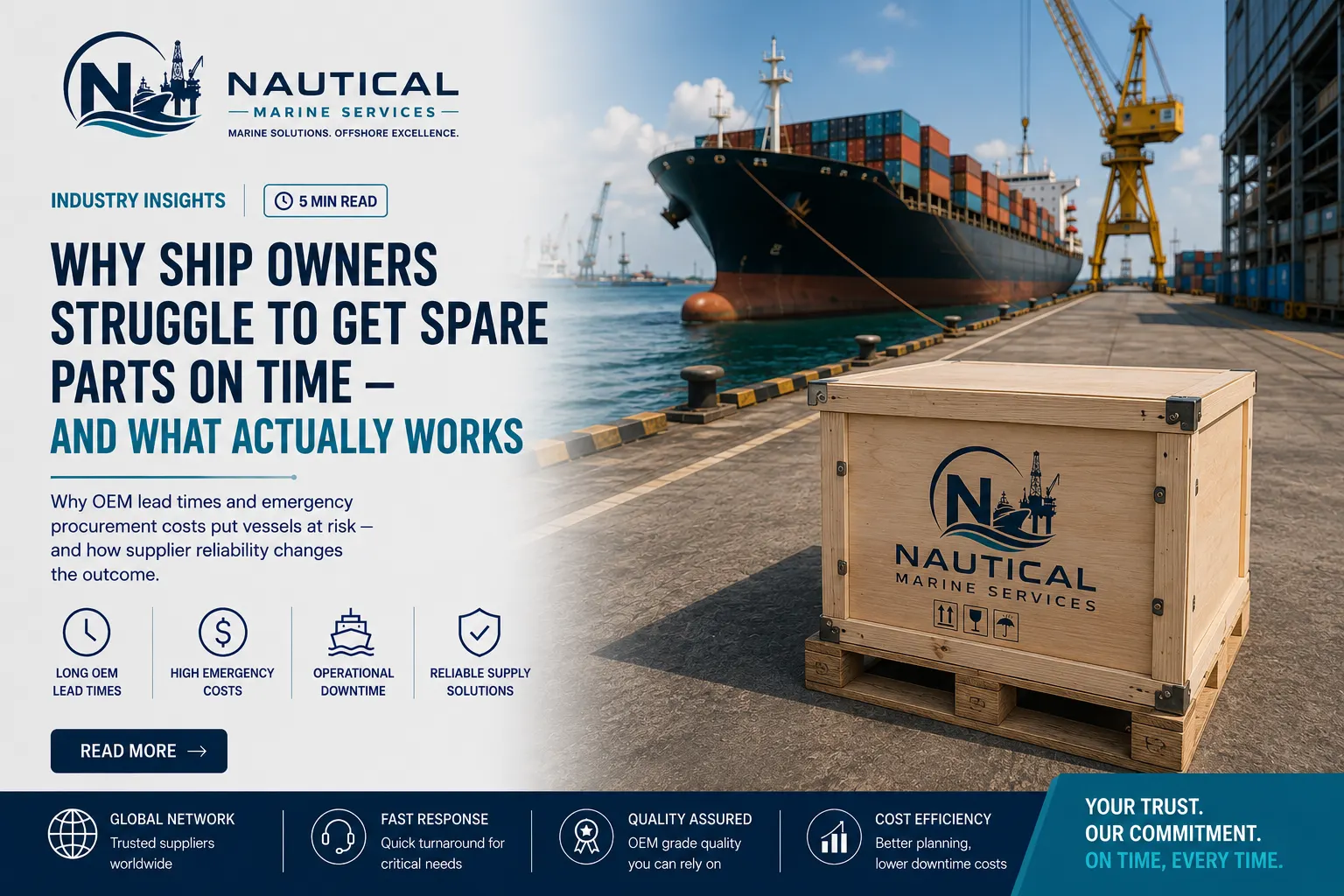 Container ship at sea, spare parts and supplier reliability